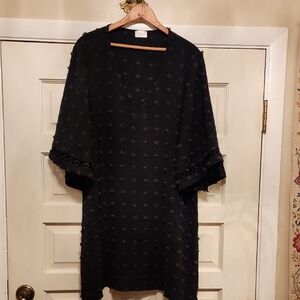 ANDEIP Black V-neck DRESS Pom-Pom Textured Three-Quarter Sleeve Tunic Coverup